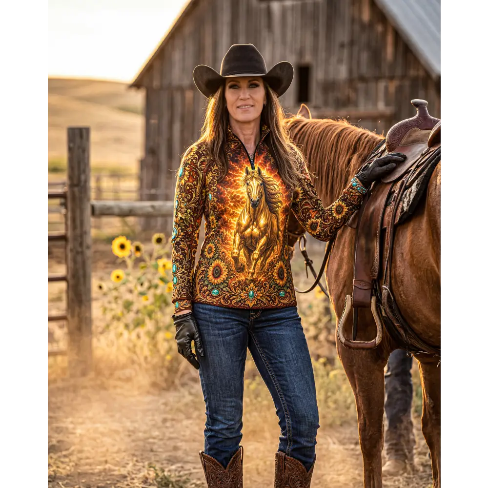 Sunfire sovereign performance equestrian sun shirt upf50 plus with golden horse sunflower design and turquoise accents