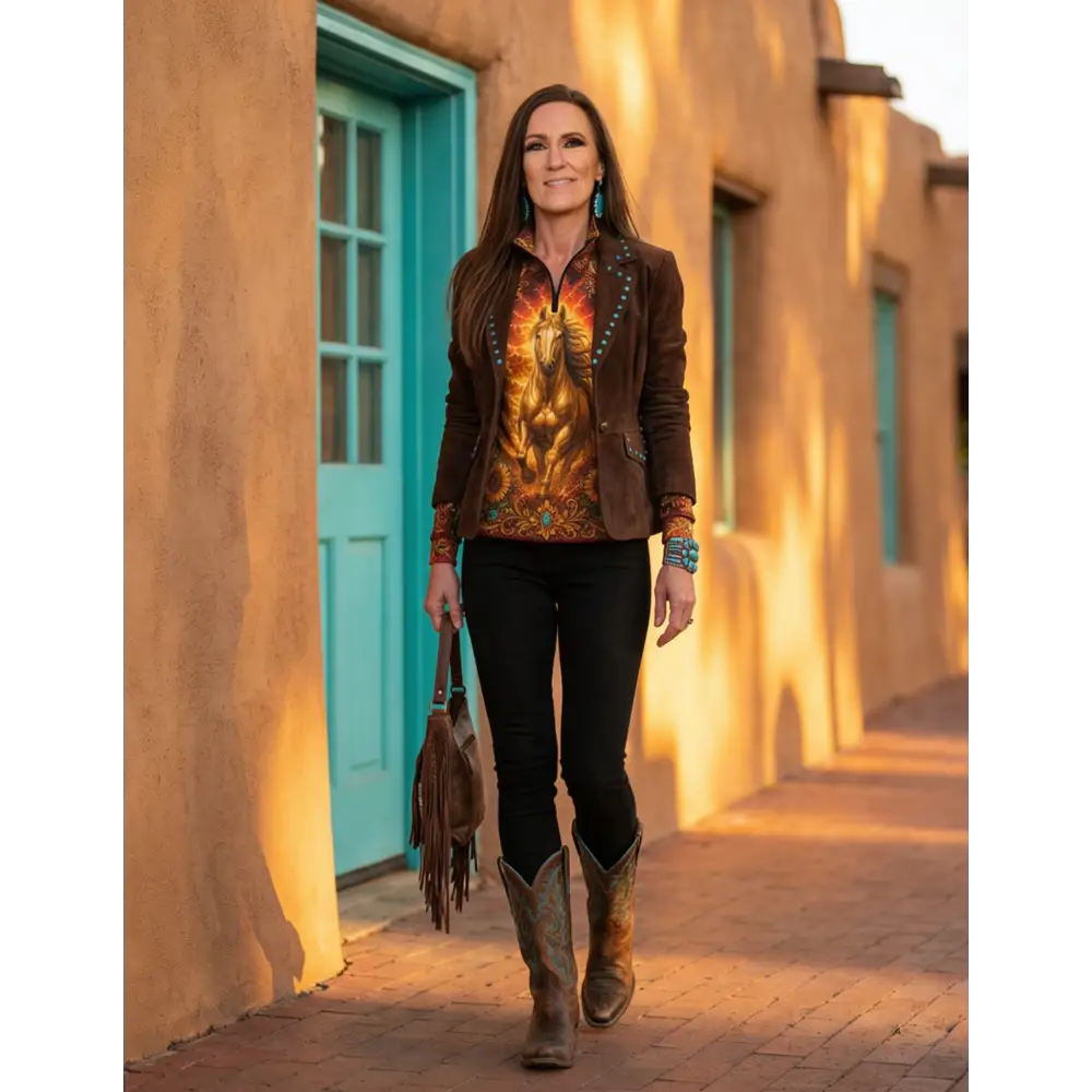 Brown suede sunfire sovereign performance equestrian sun shirt with turquoise beaded accents and horse design on front