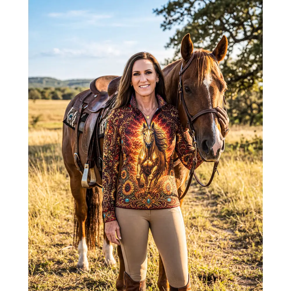 A woman wears a sunfire sovereign performance equestrian sun shirt upf50 plus with a golden horse design