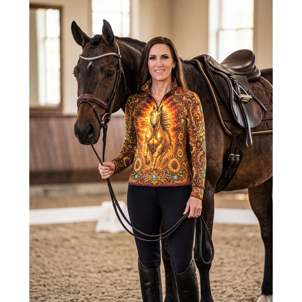 Sunfire Sovereign performance equestrian sun shirt upf50 plus with long sleeves orange brown and golden horse design
