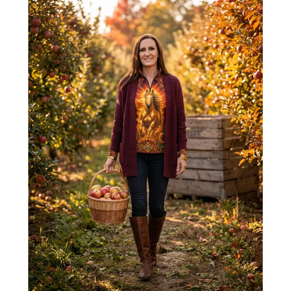 Woven wicker basket filled with red apples featured alongside sunfire sovereign performance equestrian sun shirt upf50+