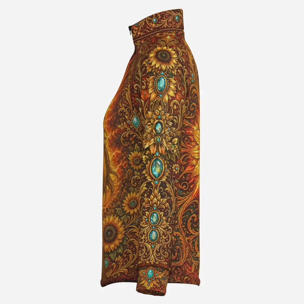 A long high-necked sunfire sovereign performance equestrian sun shirt in brown and gold with sunflower pattern and turquoise accents