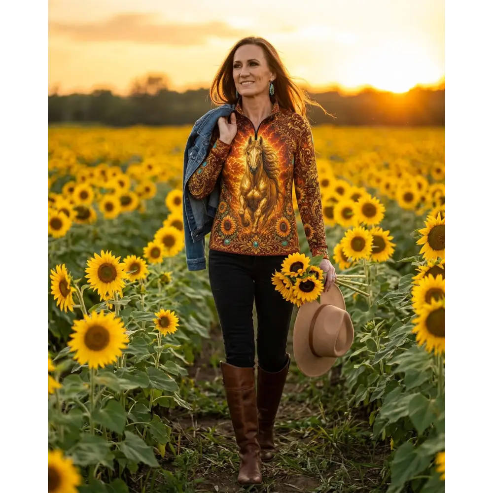 A woman wears a sunfire sovereign performance equestrian sun shirt in warm orange with a golden horse design and UPF50+ protection