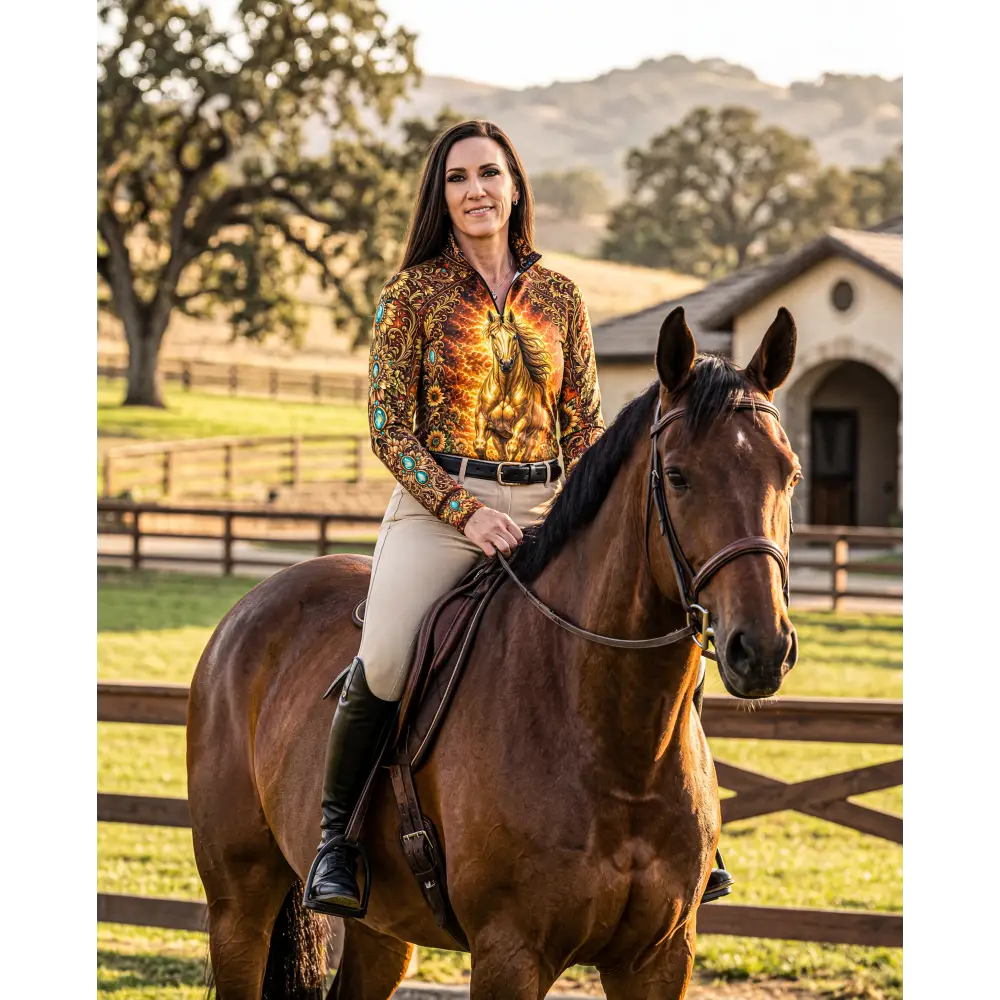 A woman wearing a vibrant sunfire sovereign performance equestrian sun shirt with golden horse design and turquoise accents