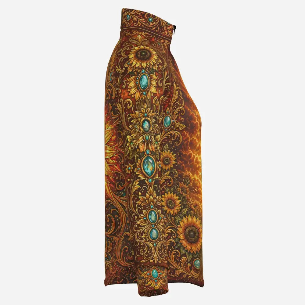 A high waisted skirt with vibrant sunflower and gold filigree pattern accented by turquoise gems on brown orange background