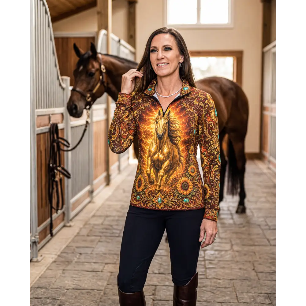 Sunfire sovereign performance equestrian sun shirt upf50 plus long-sleeved zip-up jacket with golden horse and sunflowers design