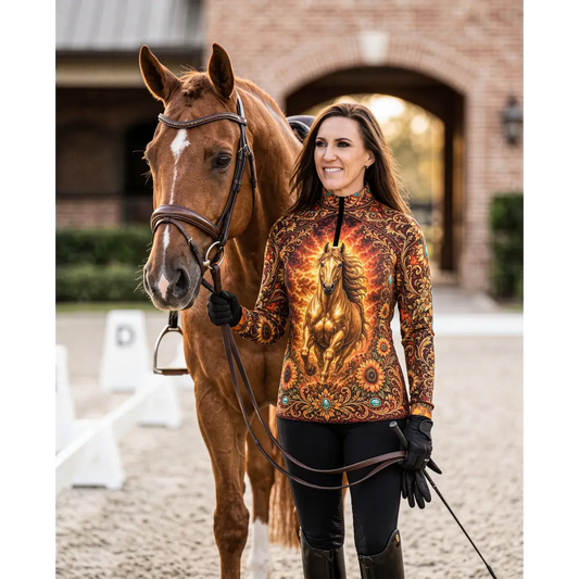 A woman wears a long-sleeved sunfire sovereign performance equestrian sun shirt with a golden horse and turquoise accents