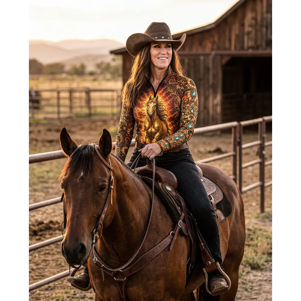 A woman wearing a vibrant sunfire sovereign performance equestrian sun shirt with horse design and turquoise embellishments