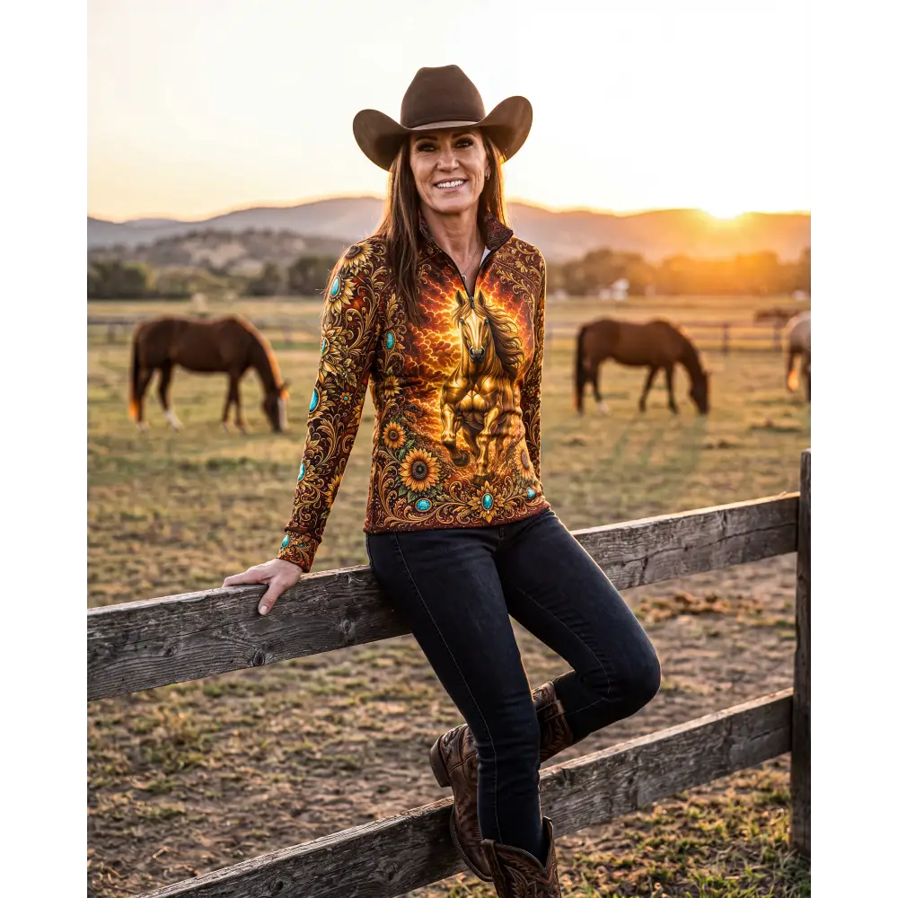 A woman wears a sunfire sovereign performance equestrian sun shirt with zip front and horse design in orange gold and turquoise
