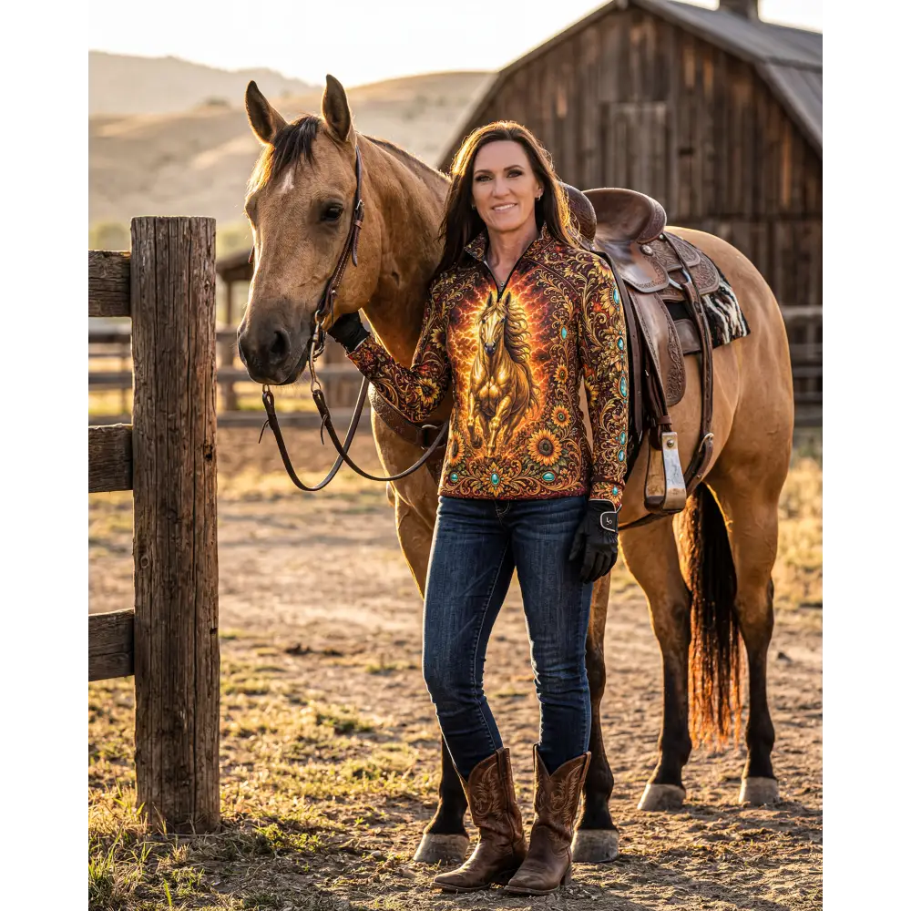 A woman wearing a vibrant long-sleeved sunfire sovereign performance equestrian sun shirt with golden horse design and turquoise accents