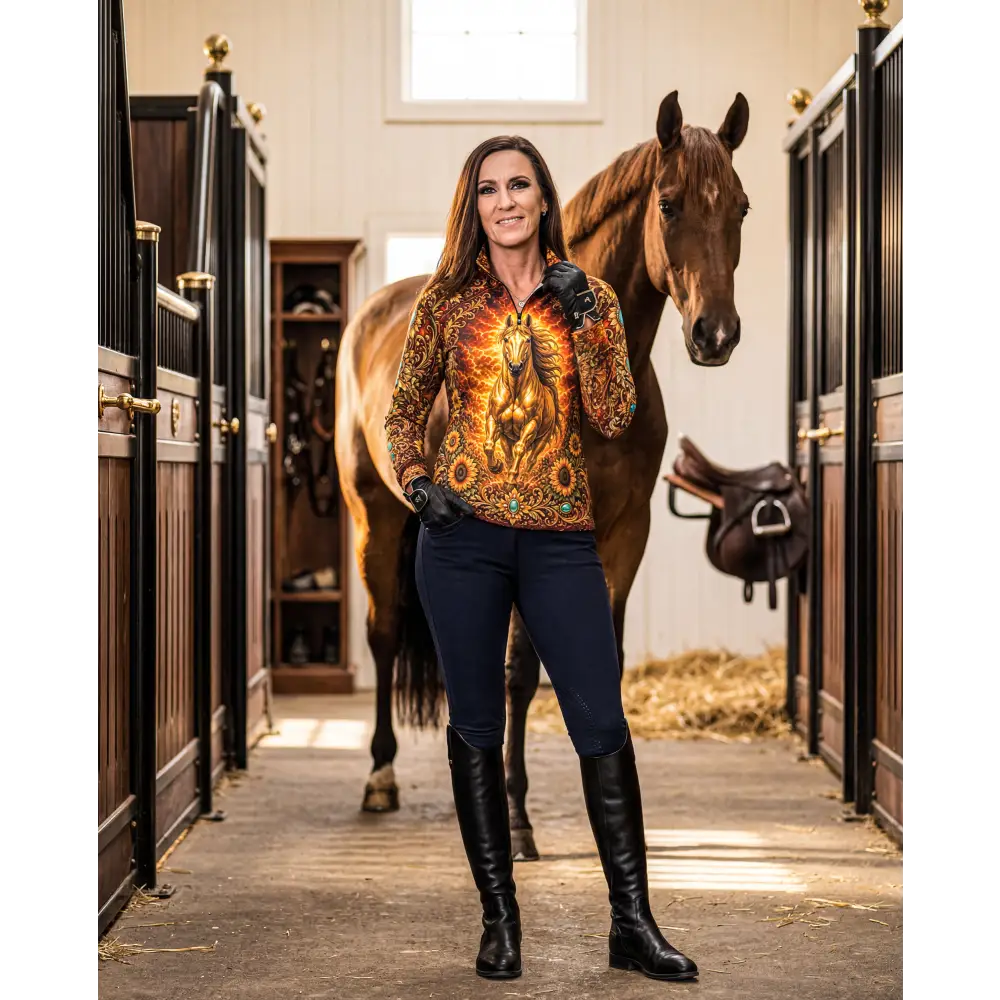 A woman wearing a long-sleeved sunfire sovereign performance equestrian sun shirt with flame and gold horse design