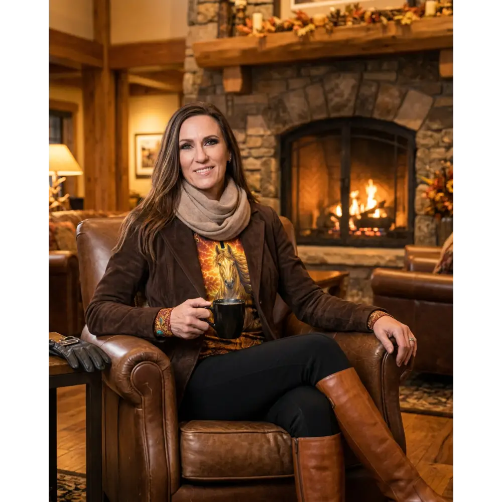 Brown leather armchair with rolled arms and cushioned seat shown alongside sunfire sovereign performance equestrian sun shirt upf50+