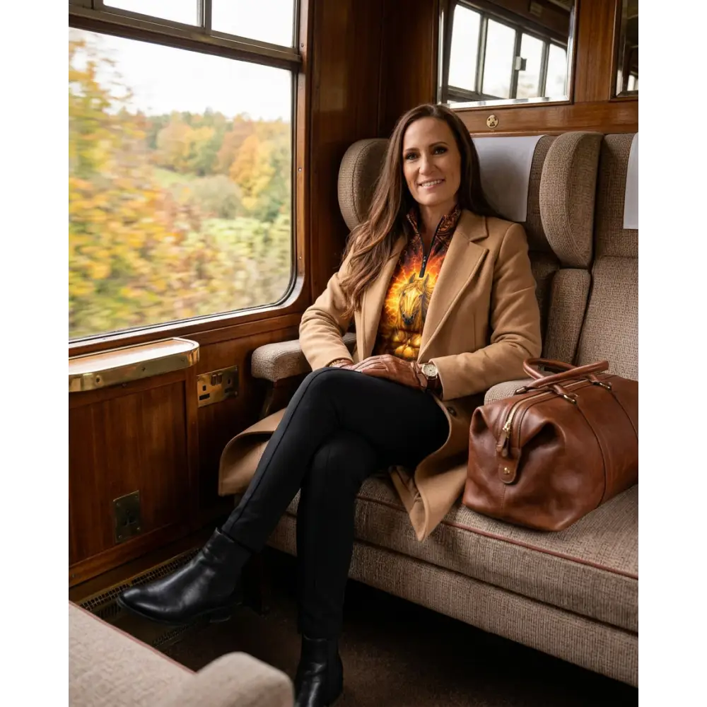 Brown leather duffel bag with top handle and zipper closure featured with sunfire sovereign performance equestrian sun shirt upf50+