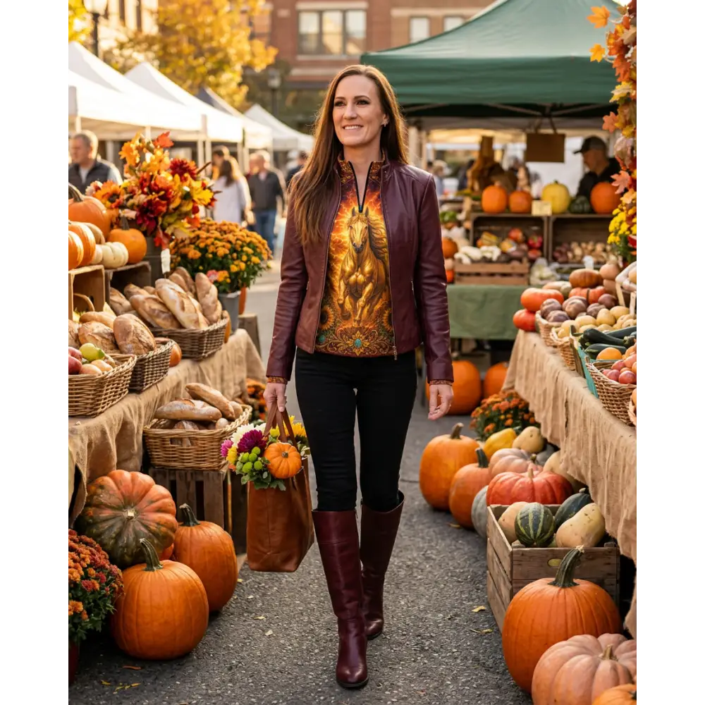 A woman wearing a maroon leather jacket over an orange and gold horse print sunfire sovereign performance equestrian sun shirt upf50+