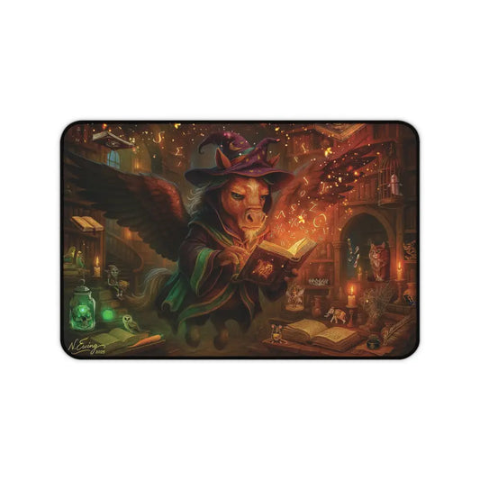 Rectangular desk mat featuring a magical Pegasus wizard for horse lovers