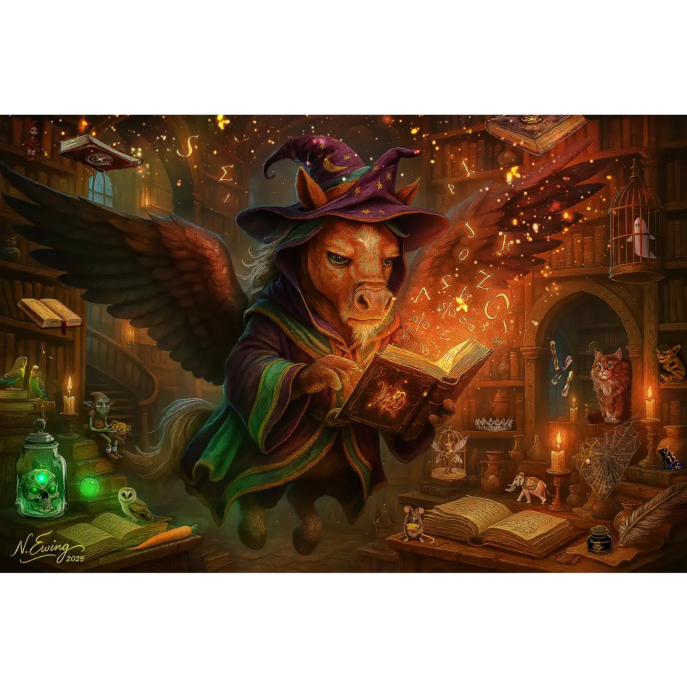 Fantasy Pegasus Fine Art Poster featuring a Winged Horse Wizard reading a spellbook