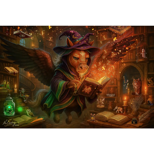 Fantasy Pegasus Fine Art Poster featuring a Winged Horse Wizard reading a spellbook