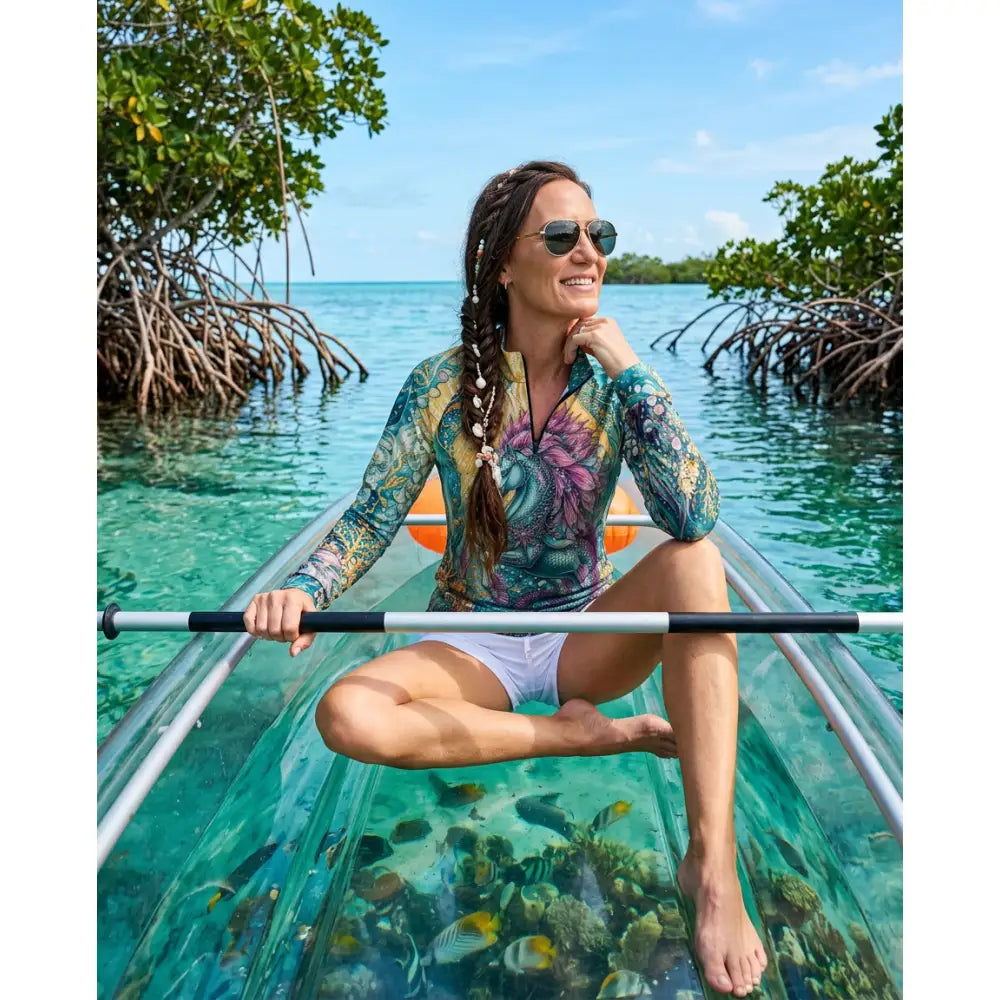 A woman sits barefoot in a transparent kayak wearing a vibrant floral tidewoven reefborn UPF50+ sun shirt