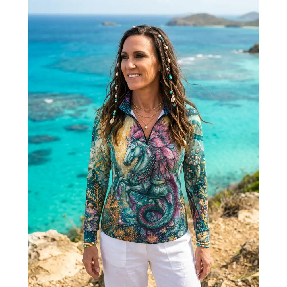 Vibrant teal and purple long-sleeved zip-up sun shirt with reef ecosystems fantasy design wearable art performance apparel