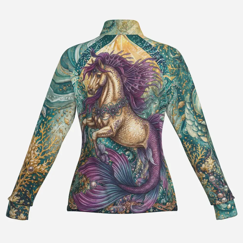 Tidewoven Reefborn equestrian sun shirt with golden horse and reef ecosystems print wearable art performance apparel