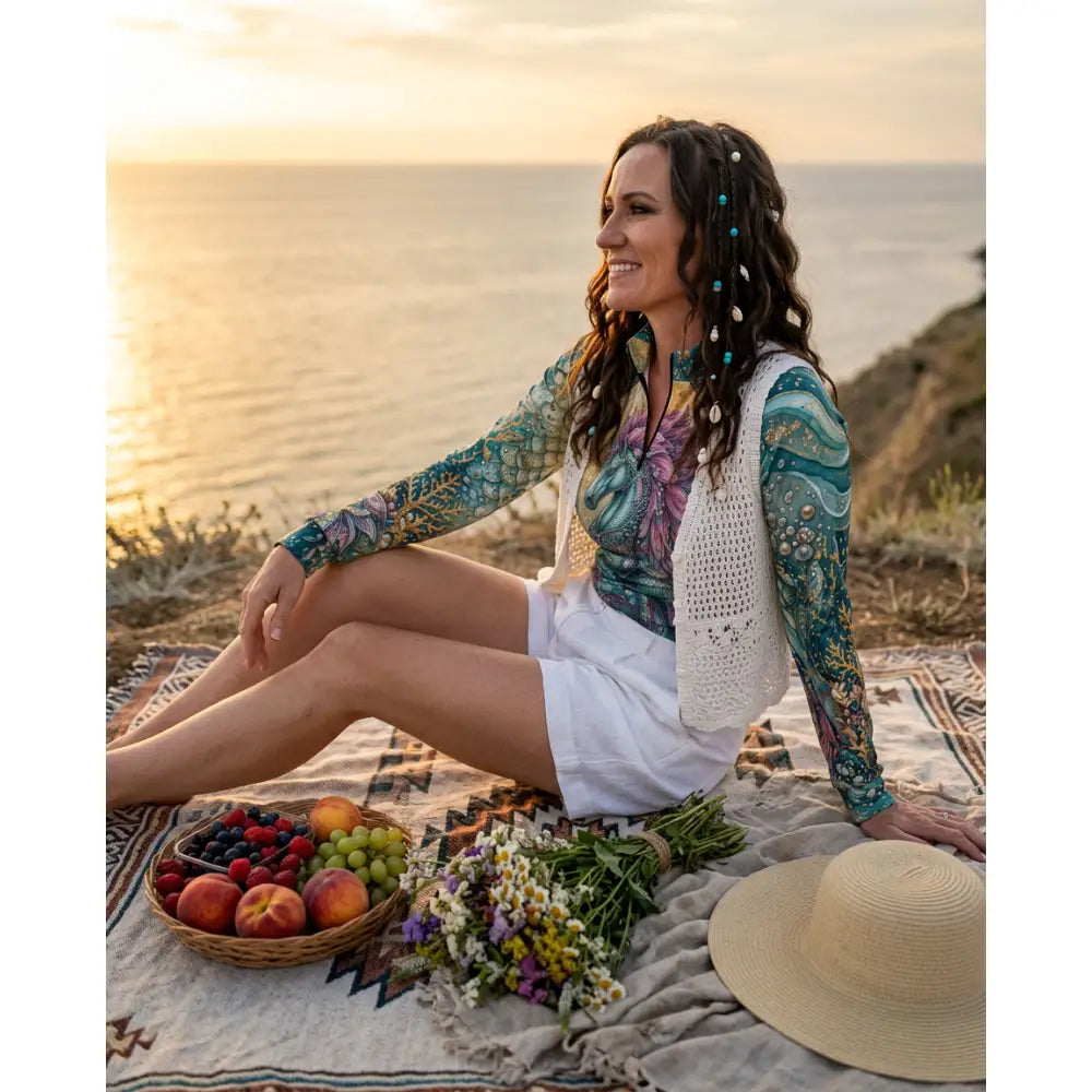 Woman wearing tidewoven reefborn ocean reef print UPF50+ equestrian sun shirt wearable art performance apparel