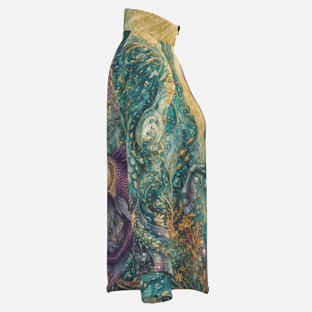 Tidewoven reefborn long-sleeved sun shirt in teal gold purple featuring wearable art reef ecosystems print with upf50+