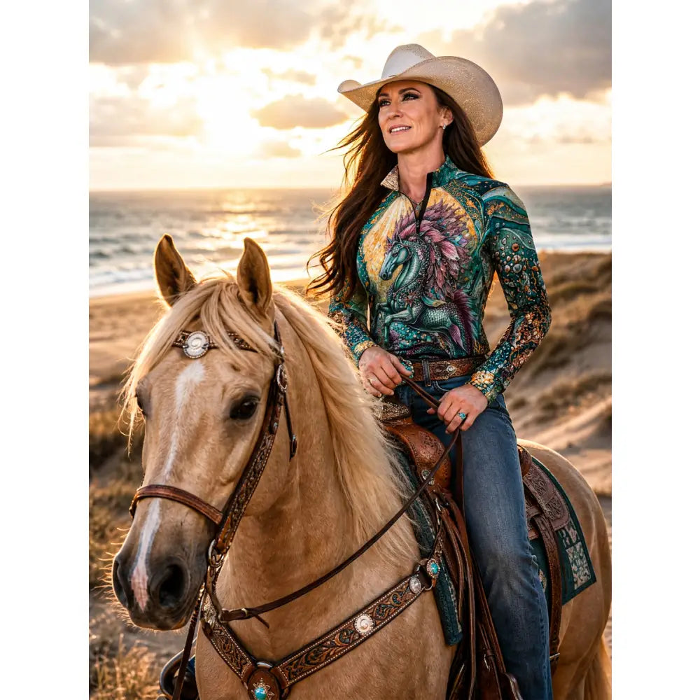 Woman wearing tidewoven reefborn equestrian sun shirt with vibrant green purple dragon pattern in wearable art performance apparel