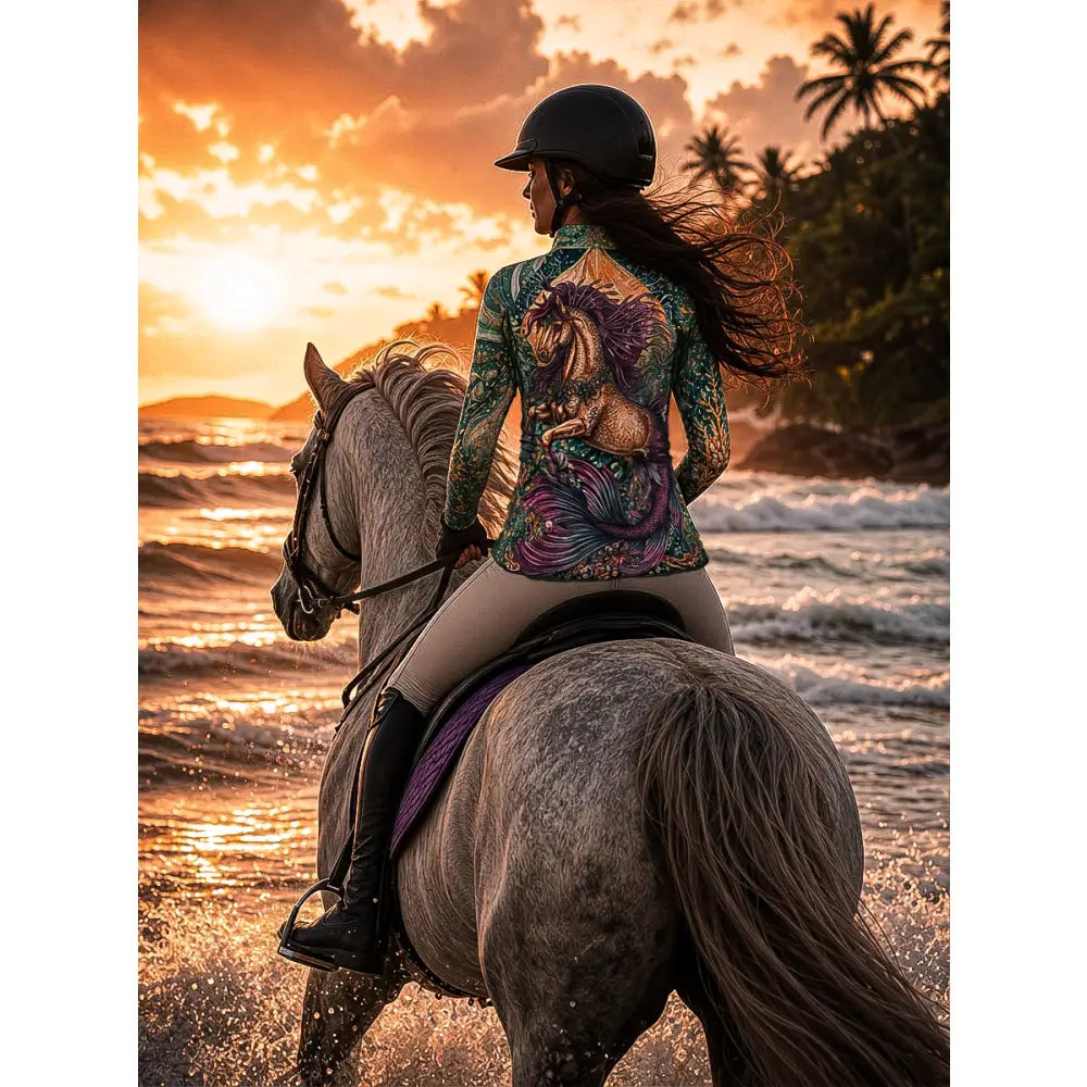 A rider in a tattooed green reef ecosystems sun shirt rides a gray horse through ocean waves at sunset in performance apparel