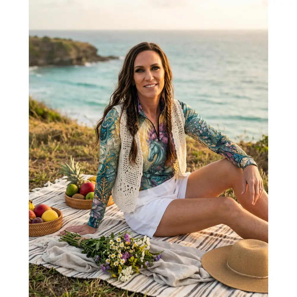Woman wearing tidewoven reefborn ocean reef print UPF50+ equestrian sun shirt in wearable art performance apparel