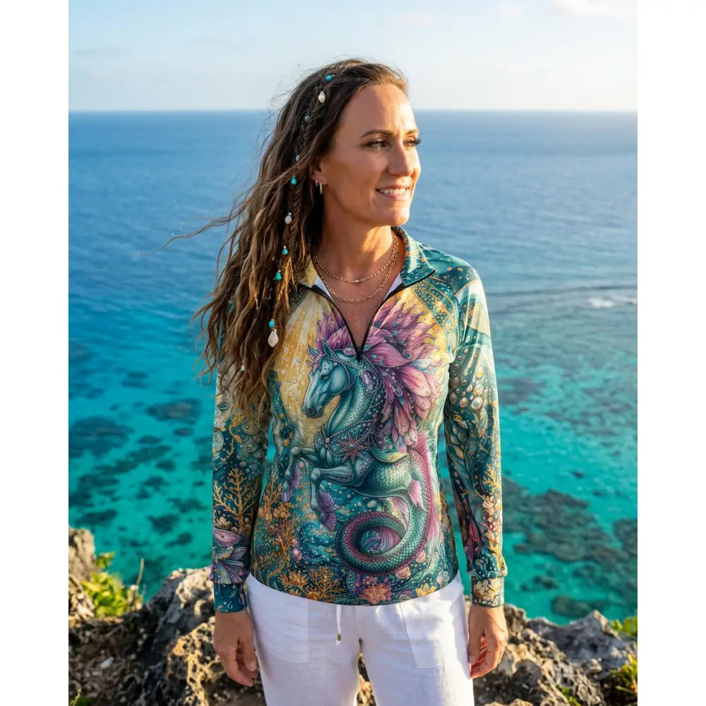 Tidewoven Reefborn equestrian sun shirt with teal and purple dragon wearable art print and UPF50+ reef ecosystem design