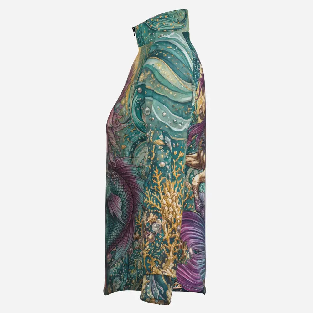 A high-necked long-sleeved equestrian sun shirt in vibrant aquatic reef ecosystems print with upf50 plus protection