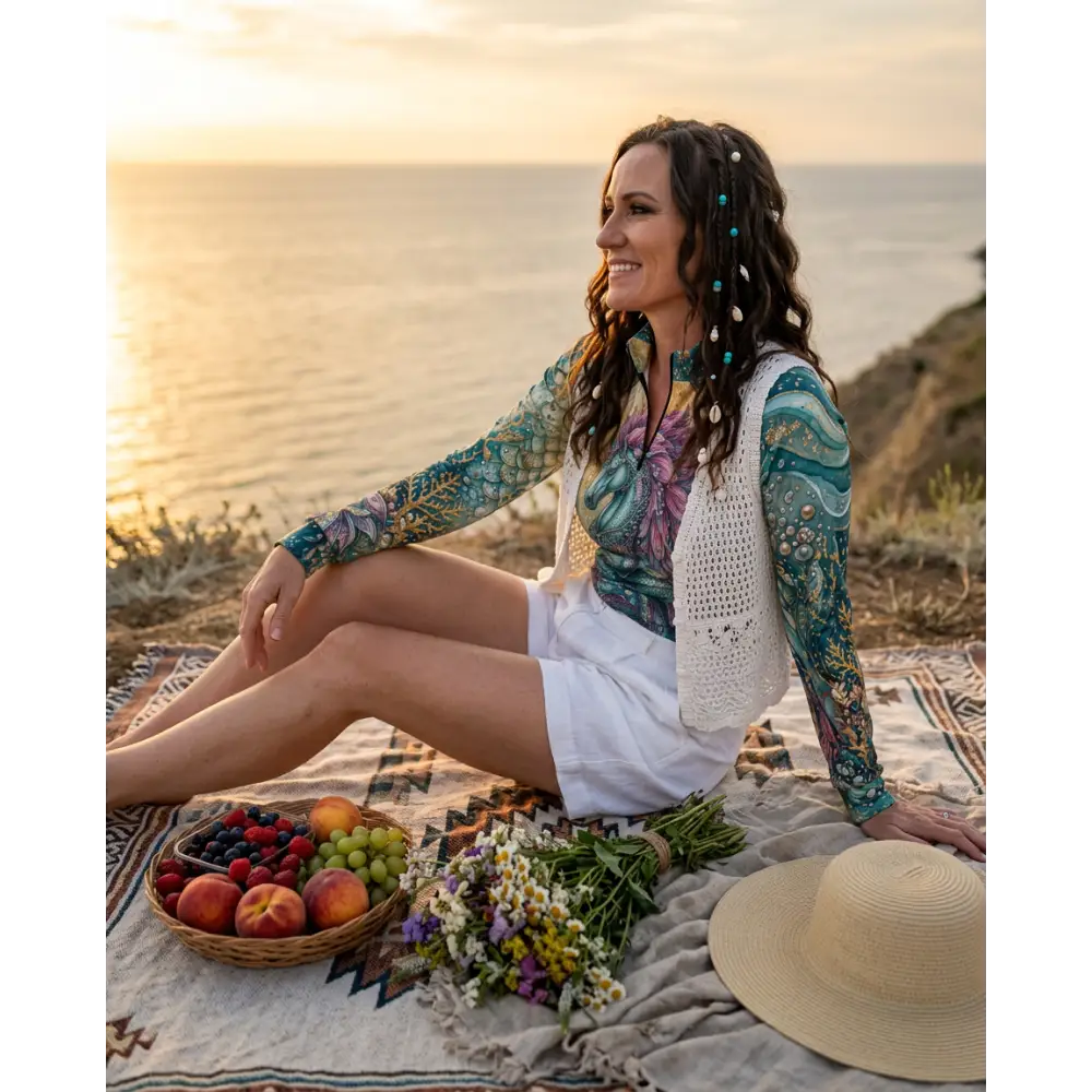 Woman wearing a teal and purple patterned tidewoven reefborn performance equestrian sun shirt upf50 plus with white crochet vest