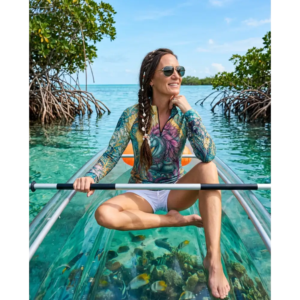 A woman in a vibrant long-sleeved floral reefborn performance equestrian sun shirt upf50 sits in a clear kayak