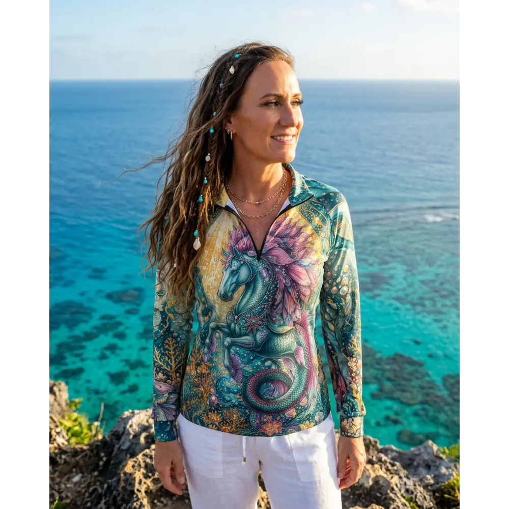 Tidewoven reefborn performance equestrian sun shirt upf50 plus with vibrant teal and purple dragon design on multicolored background