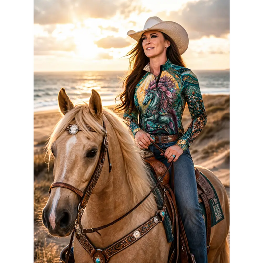 Woman wearing tidewoven reefborn performance equestrian sun shirt in green and purple with dragon motif and UPF50+ protection