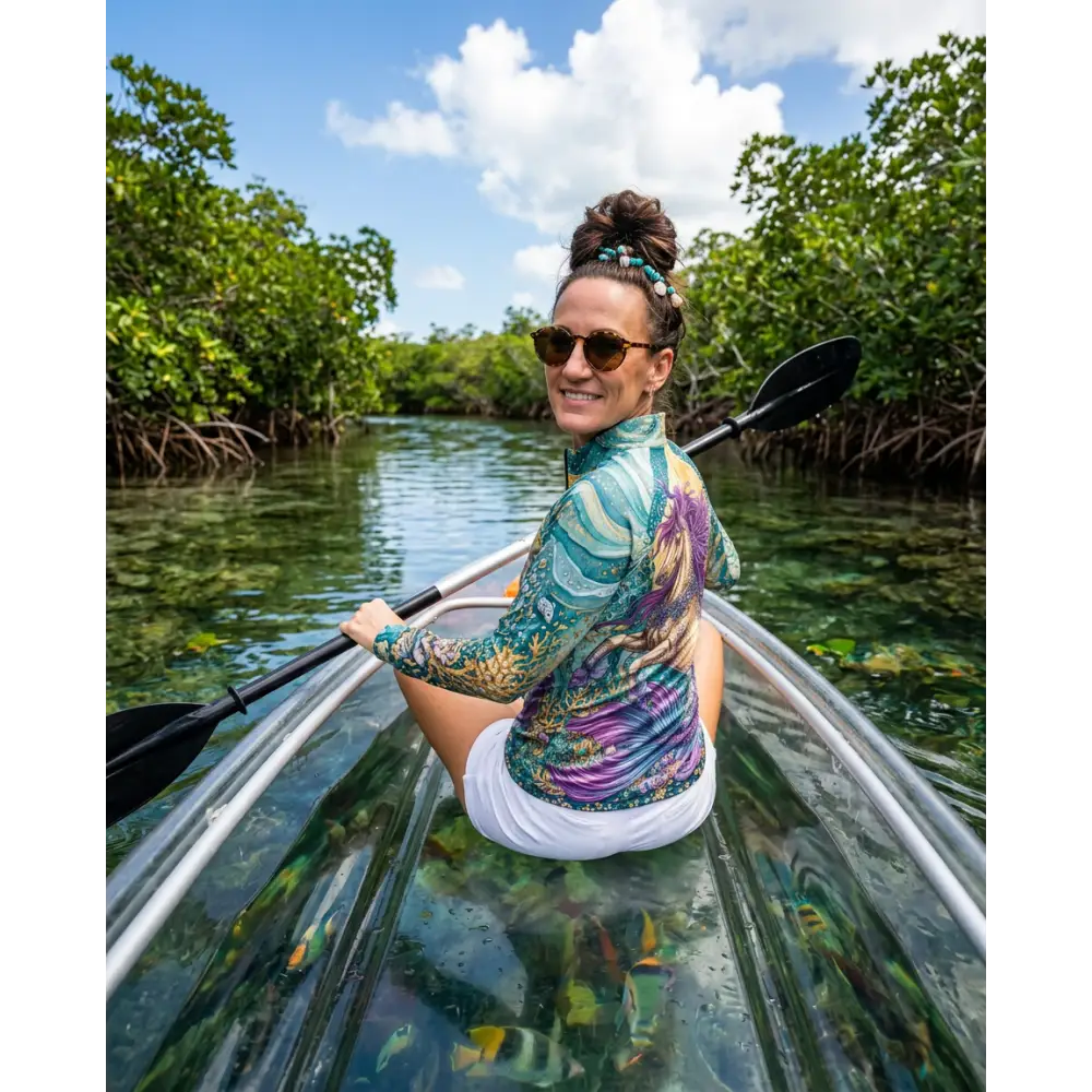 Transparent kayak with silver frame and black paddle shown with tidewoven reefborn performance equestrian sun shirt upf50+