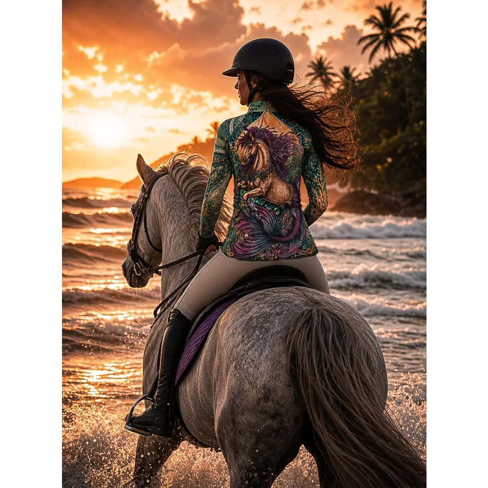 A rider wears a black helmet and a green tidewoven reefborn performance equestrian sun shirt upf50 plus riding a gray horse