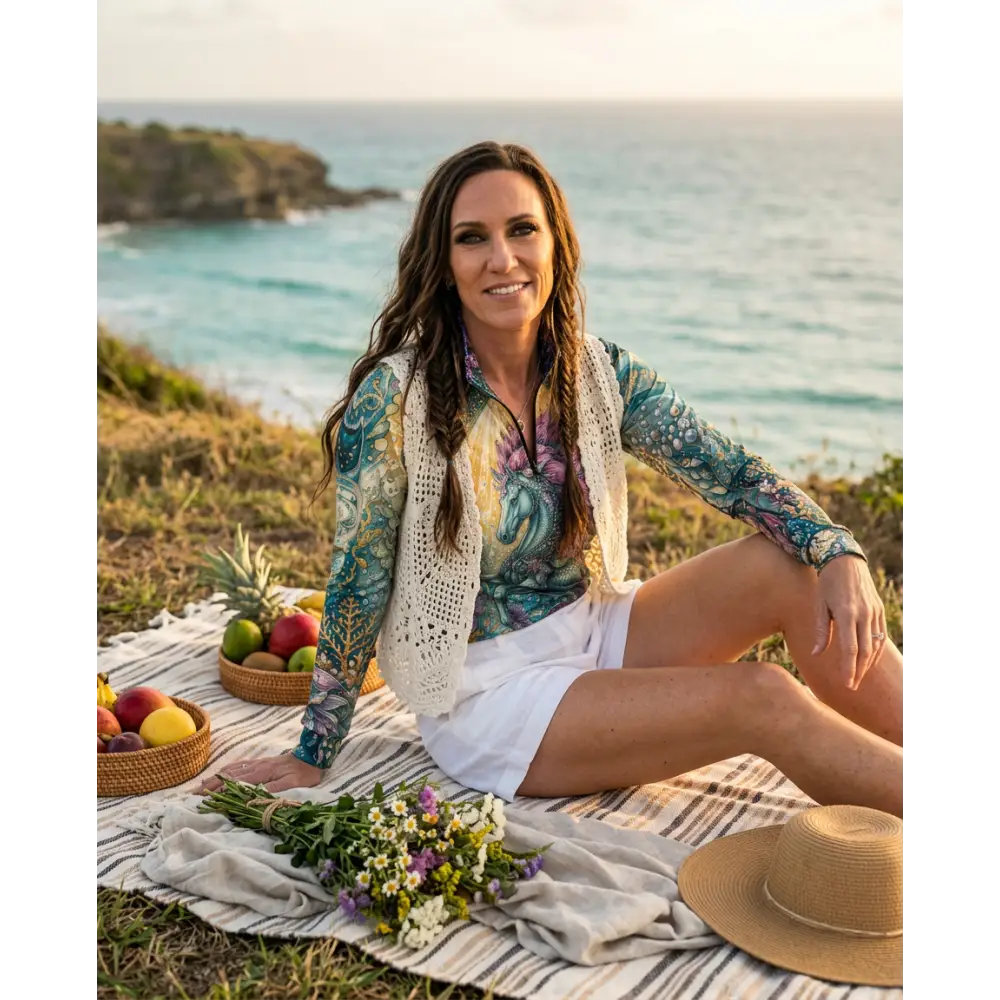 Woman wearing tidewoven reefborn colorful patterned performance equestrian sun shirt with upf50+ sitting by ocean