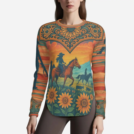 Long-sleeved women’s Twilight Blazers Fantasy Pegasus Sun Shirt with western cowgirl scene