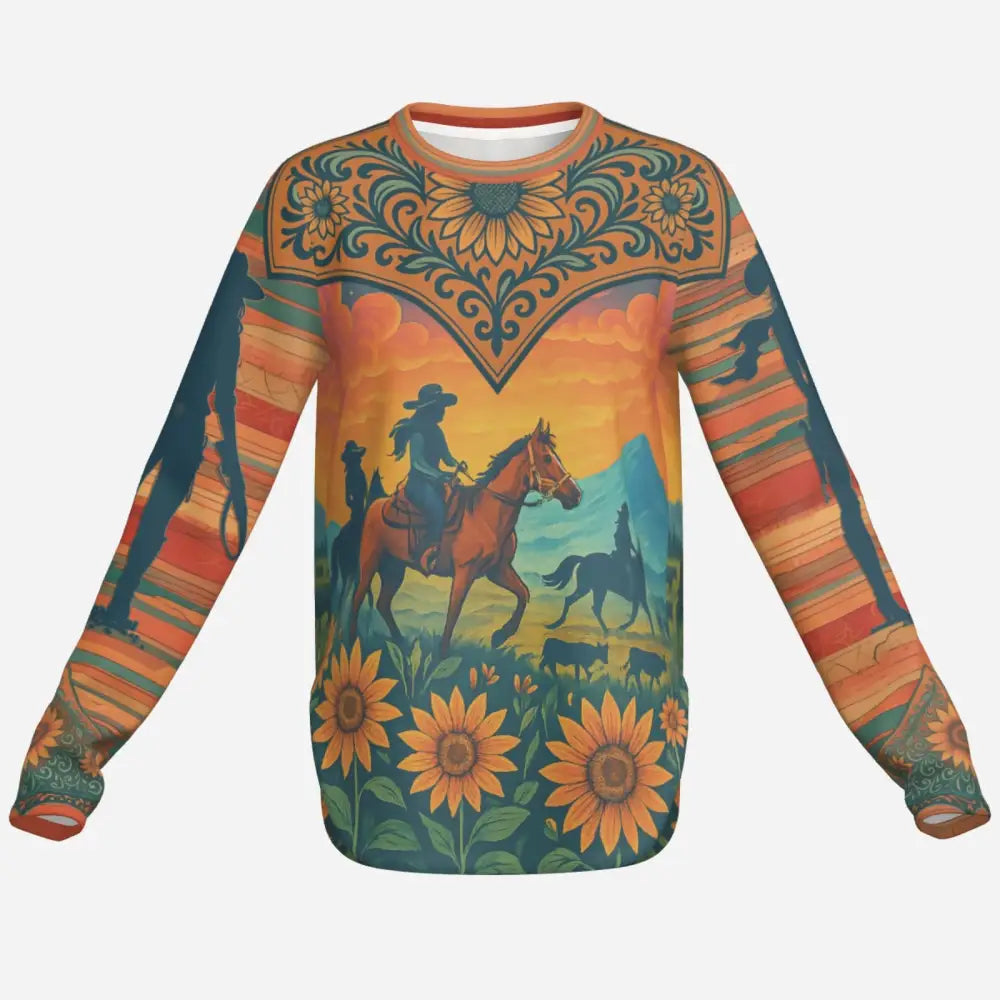 Long-sleeved Twilight Blazers Fantasy Pegasus Sun Shirt with cowgirl, sunflowers, sunset