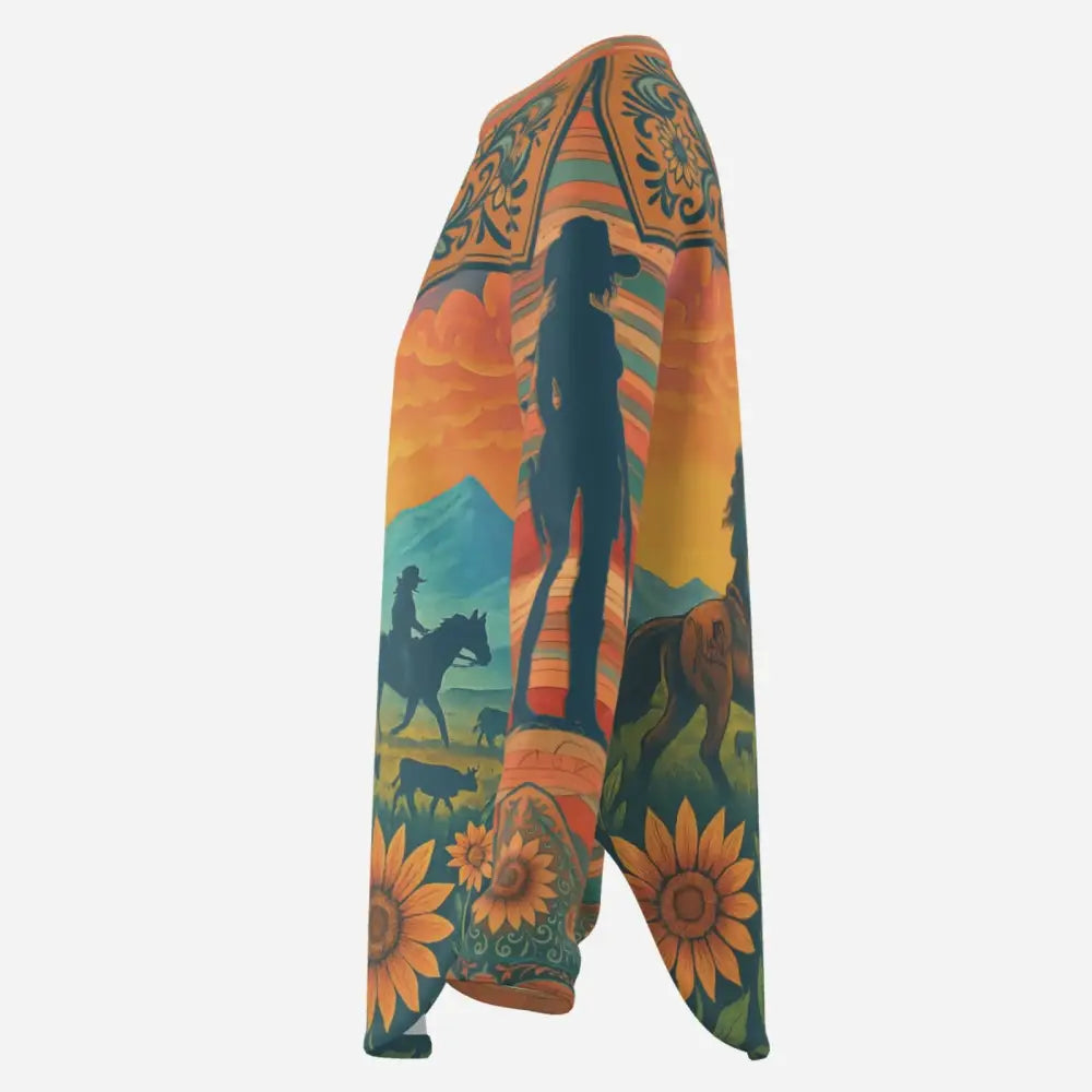 Western-themed long-sleeve shirt with cowgirl, horses, and sunflower print for Twilight Blazers