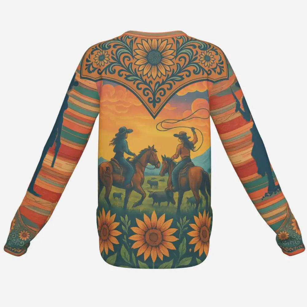 Long-sleeved Twilight Blazers Fantasy Pegasus Sun Shirt with cowgirls, sunflowers, and sunset