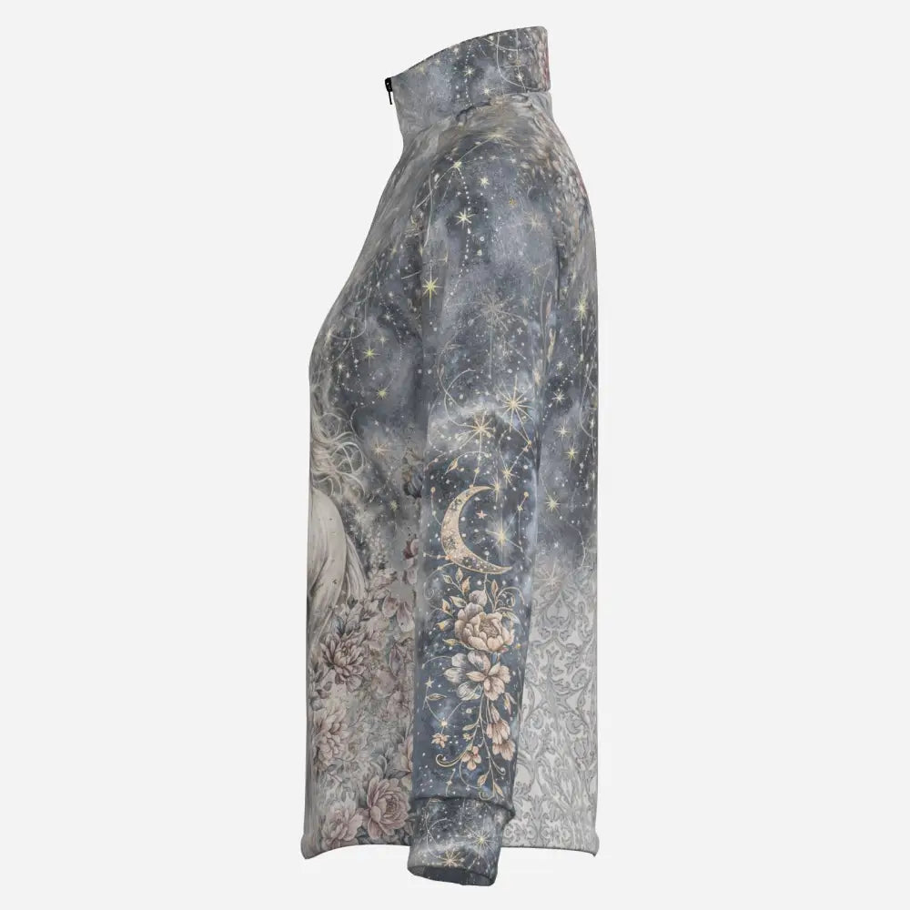 Long-sleeved dark gray unicornis caelestis equestrian sun shirt with celestial print by karen reinertson