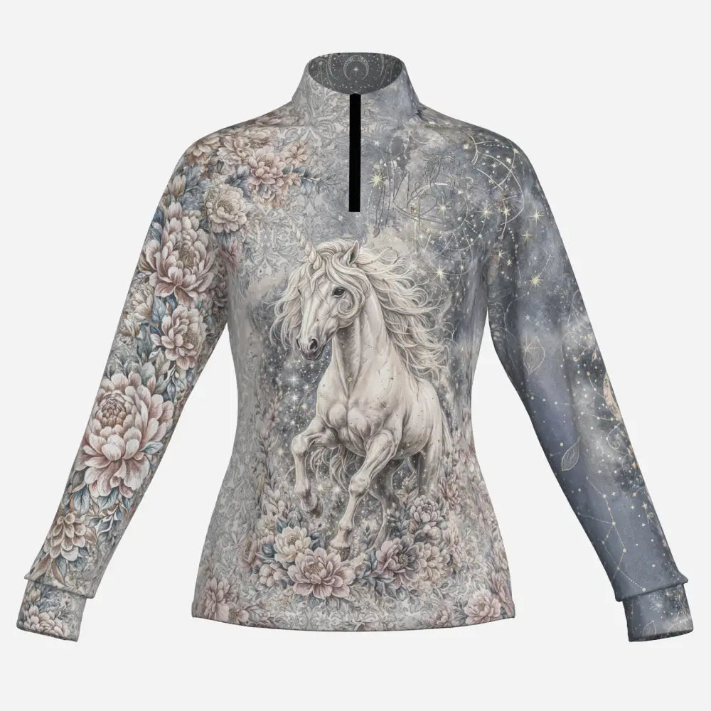 Long-sleeved high-necked unicornis caelestis equestrian sun shirt with white horse floral celestial print by karen reinertson