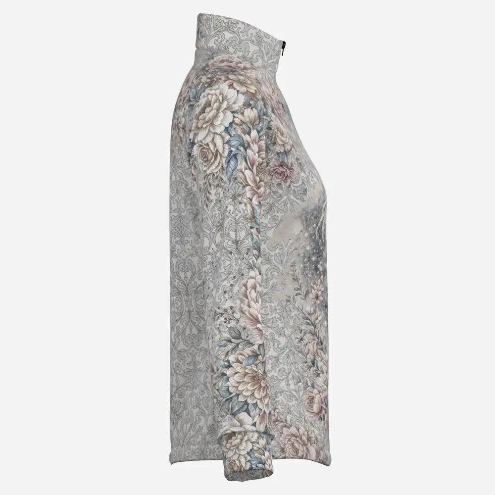 A soft gray unicornis caelestis equestrian sun shirt by karen reinertson with blush blue floral damask pattern and upf50+ protection