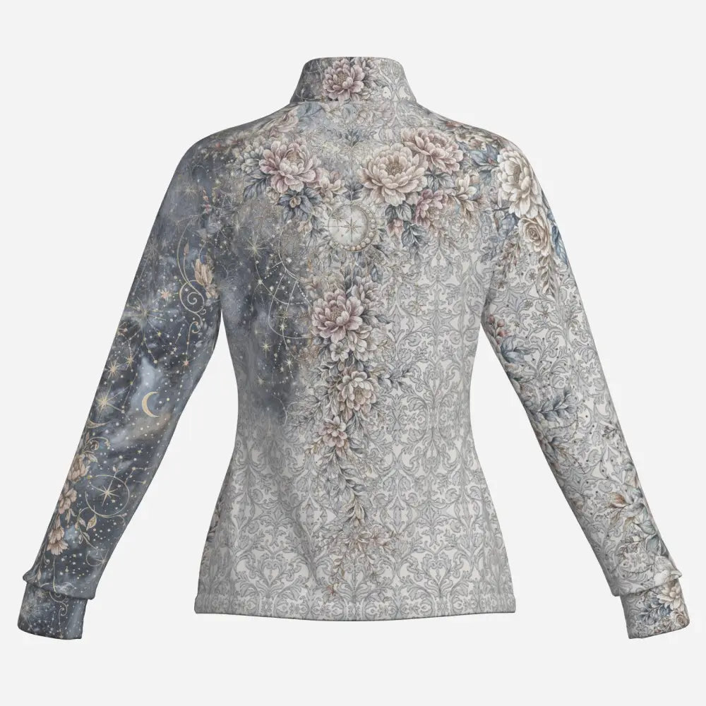 A high-necked long-sleeved unicornis caelestis equestrian sun shirt by karen reinertson with pink gray floral celestial print