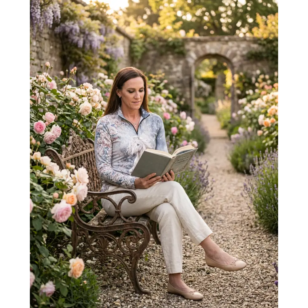 Woman wearing a light blue floral unicornis caelestis performance equestrian sun shirt upf50 plus and white trousers seated outdoors