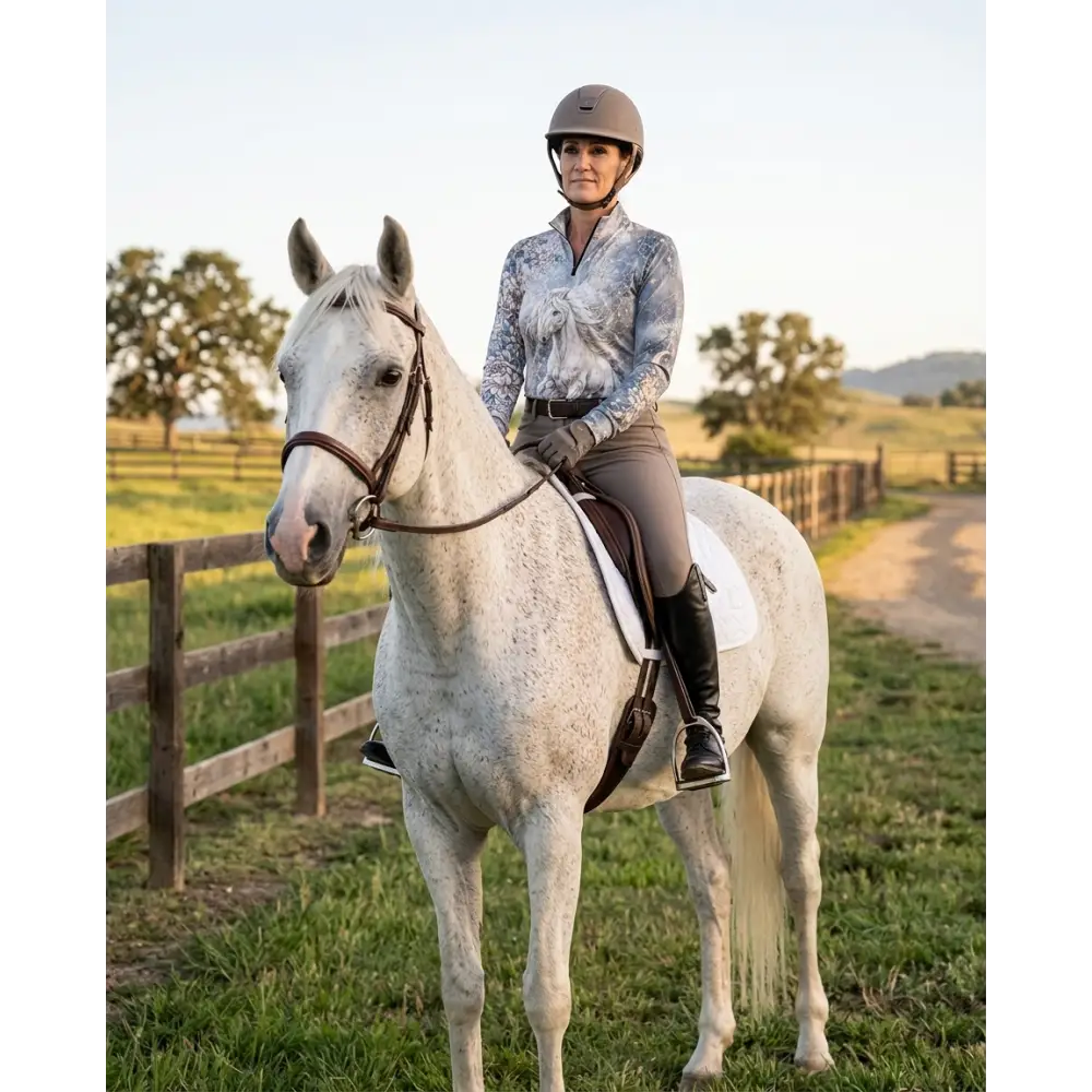 A woman wearing a patterned long-sleeve unicornis caelestis performance equestrian sun shirt with UPF50+ rides a white horse with speckles