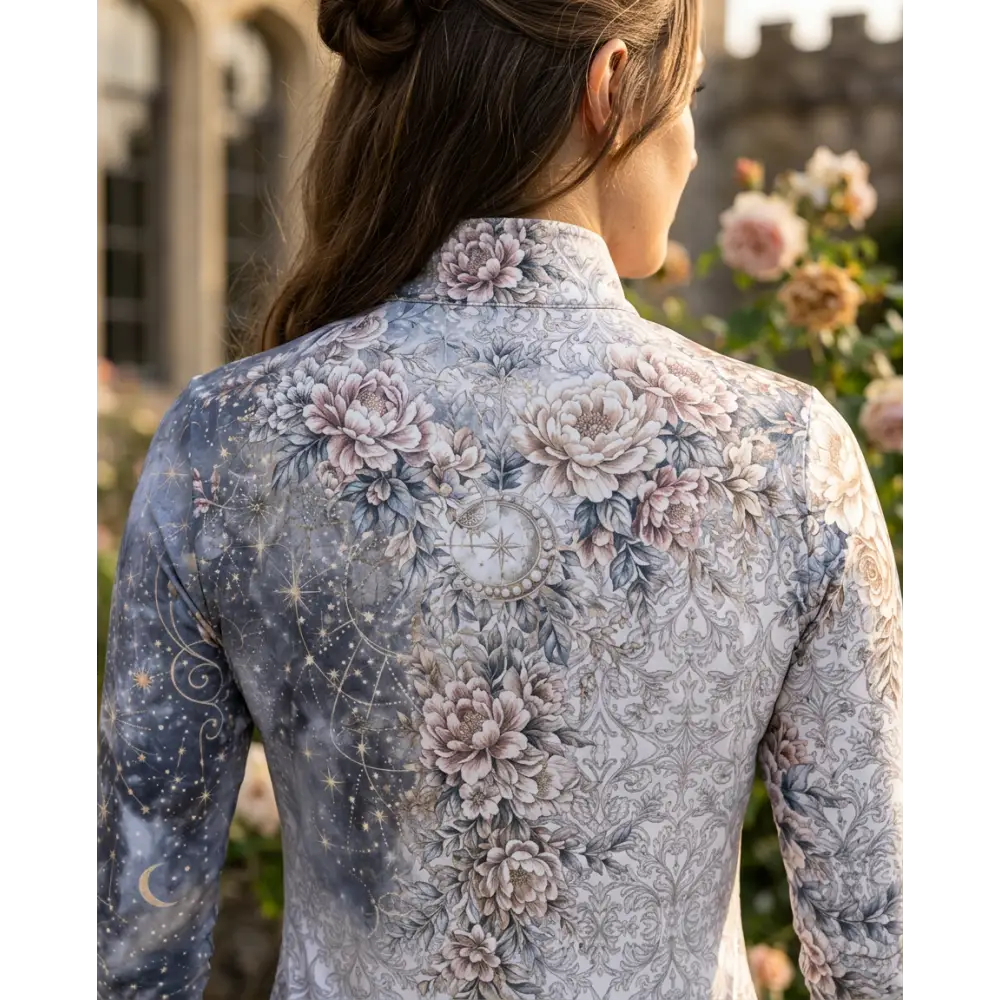 A woman wearing a unicornis caelestis performance equestrian sun shirt in soft gray and muted pink floral celestial print