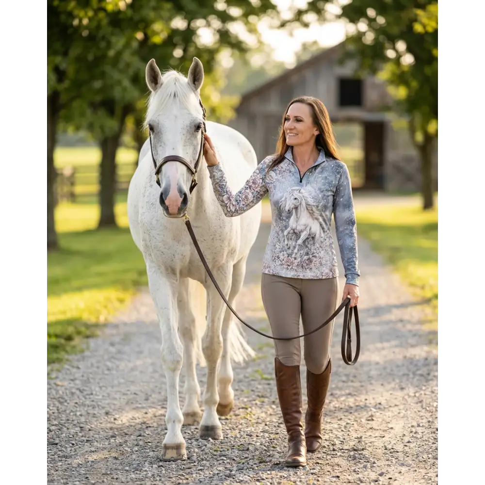 Woman wearing a gray and blue patterned unicornis caelestis performance equestrian sun shirt with white horse graphic
